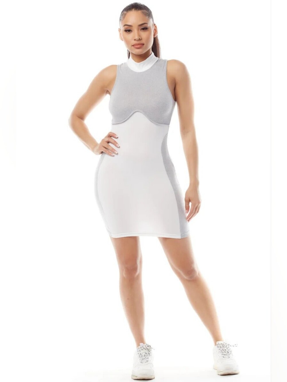 Rivir Sleeveless Bodycon Mock Neck Two-Tone Silver and White Dress sz S and M